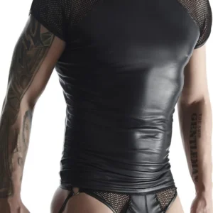 Regnes Fetish Planet Men's Wetlook T-Shirt with Elastic Mesh Sleeves, Size L