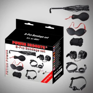 Bondage Set 8-Piece Black Cuffs, Collar, Mask, Whip, Clamps, Rope, etc