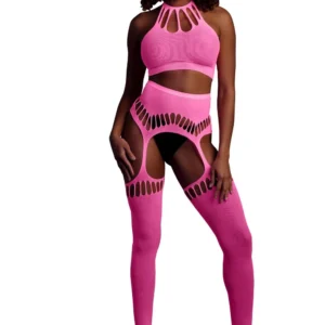 Two Piece with Crop Top and Stockings - Pink - XS/XL