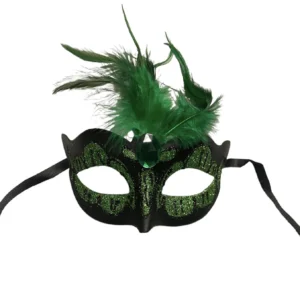 Venetian Mask Green with Green Stone and Feather