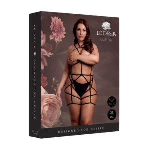 Le Désir Strappy Open Cup Body Harness with Garters, Black, Sizes XL–4XL