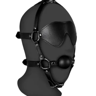 Blindfolded Head Harness with Solid Ball Gag - Black