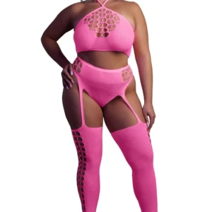 Ouch! Two-Piece Set with Crop Top and Stockings XL/XXXXL UV Activated