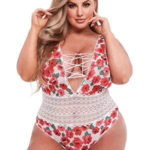 Baci Lingerie White Floral & Lace Teddy, XL - White Lace Bodysuit