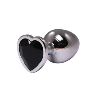 Silver small heart-shaped butt plug with black crystal