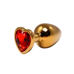 Fantasy Gold — Medium Metal Heart-Shaped Anal Plug with Red Crystal