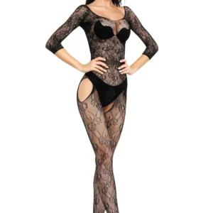 SoftLine Bodystocking, black, S/L Open-Back Floral Mesh