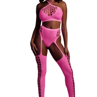 Two Piece with Crop Top and Stockings - Pink - XS/XL