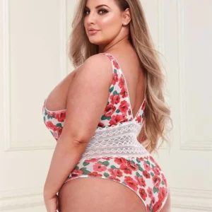 Baci Lingerie White Floral & Lace Teddy, XL - White Lace Bodysuit