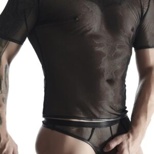 Men's elastic mesh set: scoop-neck t-shirt, thong S