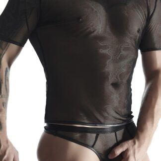 Men's elastic mesh set: scoop-neck t-shirt, thong S