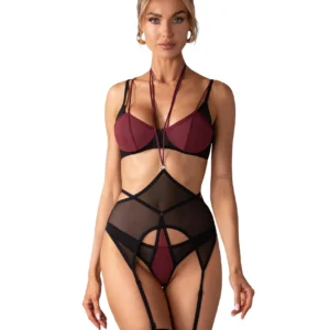 Obsessive Parisel 3-Piece Lingerie Set, Black and Burgundy