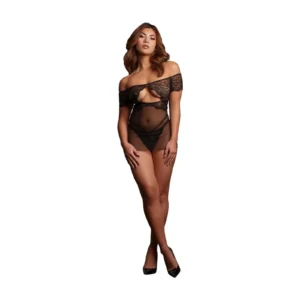 Le Désir Olympia Sheer Off-Shoulder Babydoll in Black