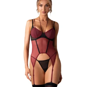 Obsessive Parisel Black and Burgundy Corset with Thong, 2XL/3XL