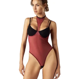 Obsessive Parisel Transparent Bodysuit with Choker, Black/Burgundy, L/XL