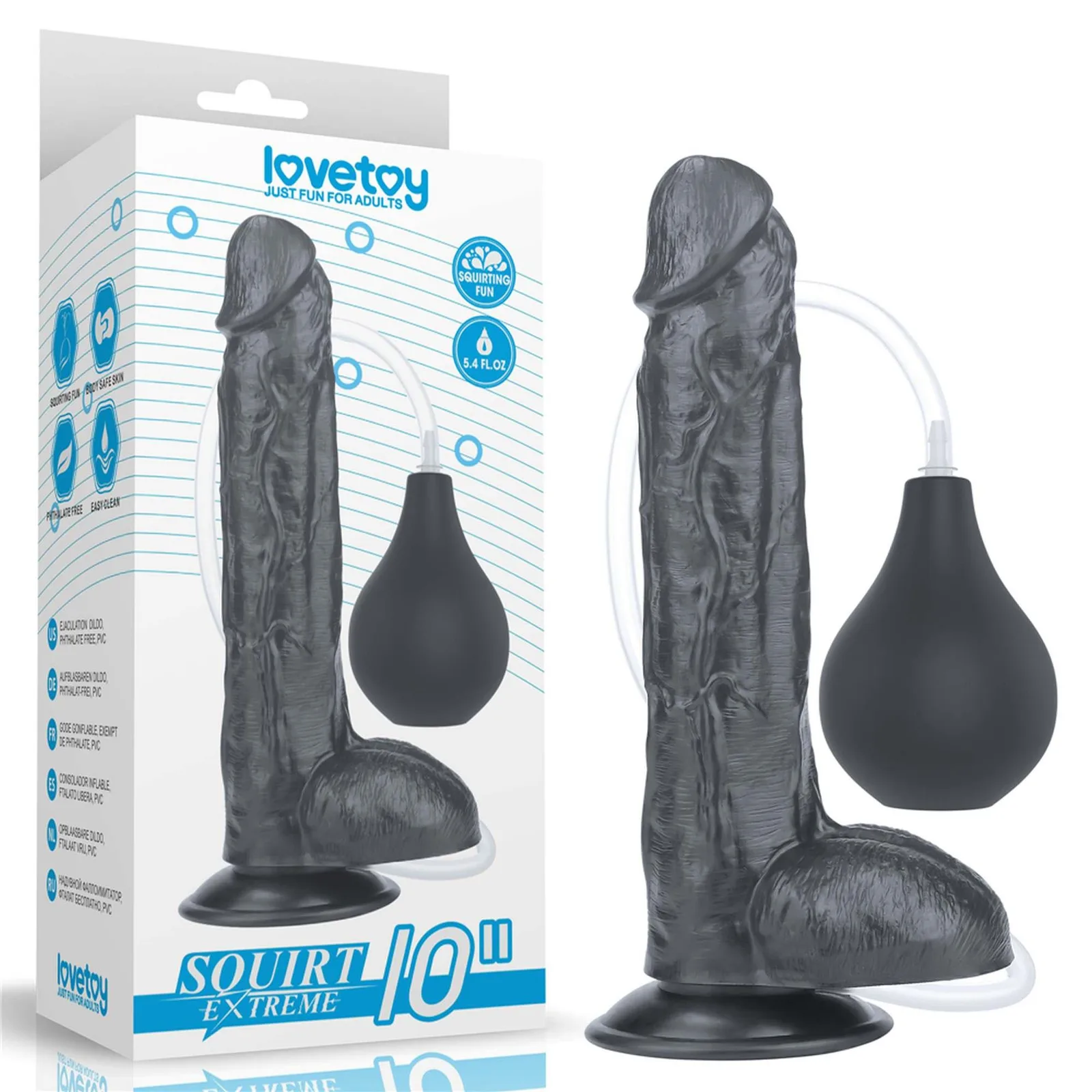 LoveToy 10'' Squirt Extreme Dildo with Suction Cup – Black