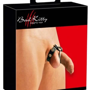 Bad Kitty Leather Strap Leather Penis and Scrotum Cock Ring with Metal Rings