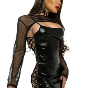 Glossy Selena Wetlook Mini Dress with Mesh Sleeves, Black, Size L