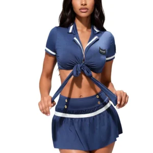 SoftLine Collection Nautical Top, Skirt and Thong Set in Blue, Size L