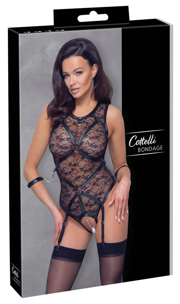Cottelli BONDAGE — Black Lace Bodysuit with Open Crotch, Size M