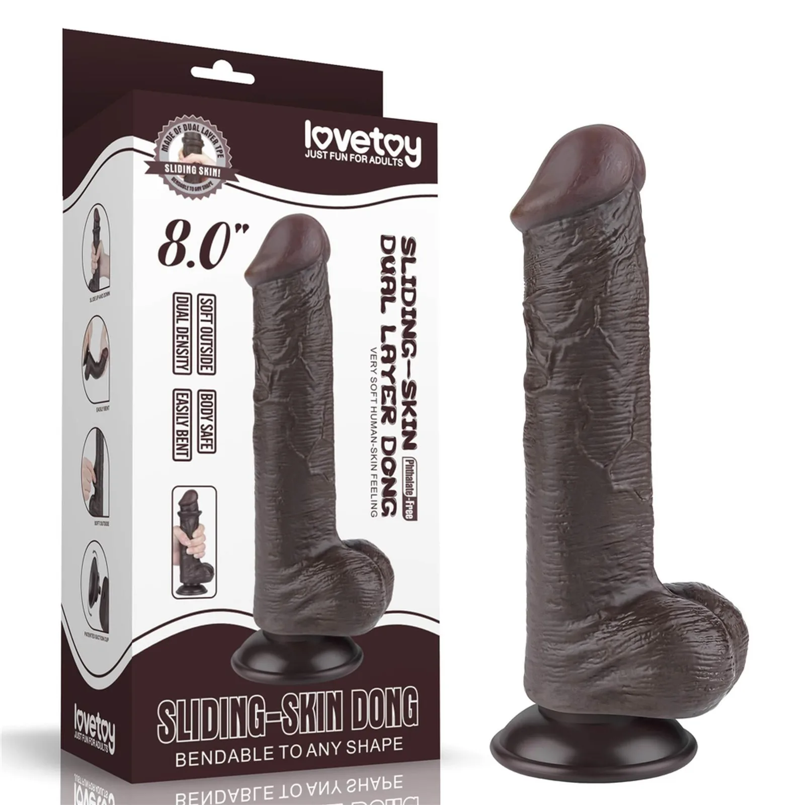 Lovetoy 8'' Sliding Skin Dual Layer Dong Black