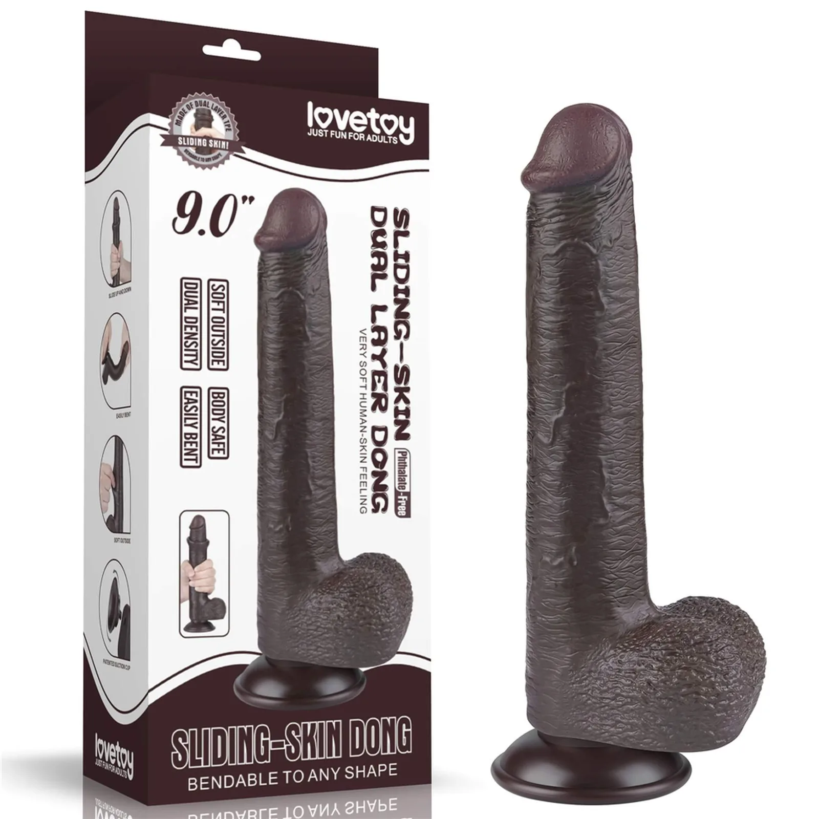 Lovetoy 9'' Sliding Skin Dual Layer Dong Black