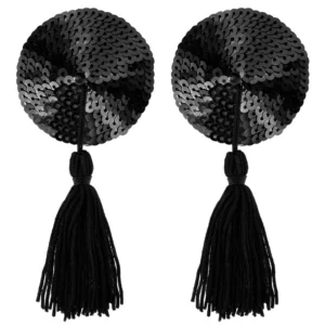 Paris Hollywood Round Black Nipple Covers with Glitter and Pom-Pom