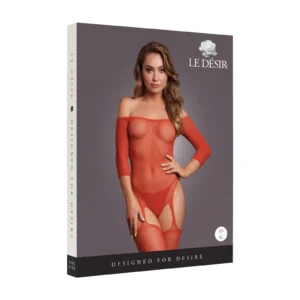 Le Désir Shimmering Off-the-Shoulder Bodystocking in Red with Gold Glitter