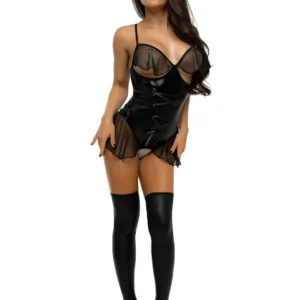 Glossy Sabrina Black Wetlook Bodysuit with Sheer Ruffles, XL