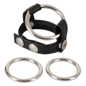 Bad Kitty Leather Strap Leather Penis and Scrotum Cock Ring with Metal Rings