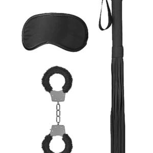 Ouch! Leather & Metal Bondage Kit with Paddle, Blindfold and Restraints — Black/Red Set