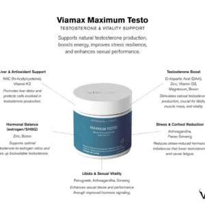 Viamax Maximum Testo – 60 Capsules, Multi-Ingredient Male Supplement with Ashwagandha KSM-66® and Panax Ginseng