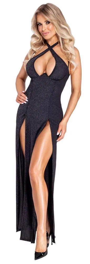 Cottelli PARTY Long Dress XL — long black dress with a silver shimmer