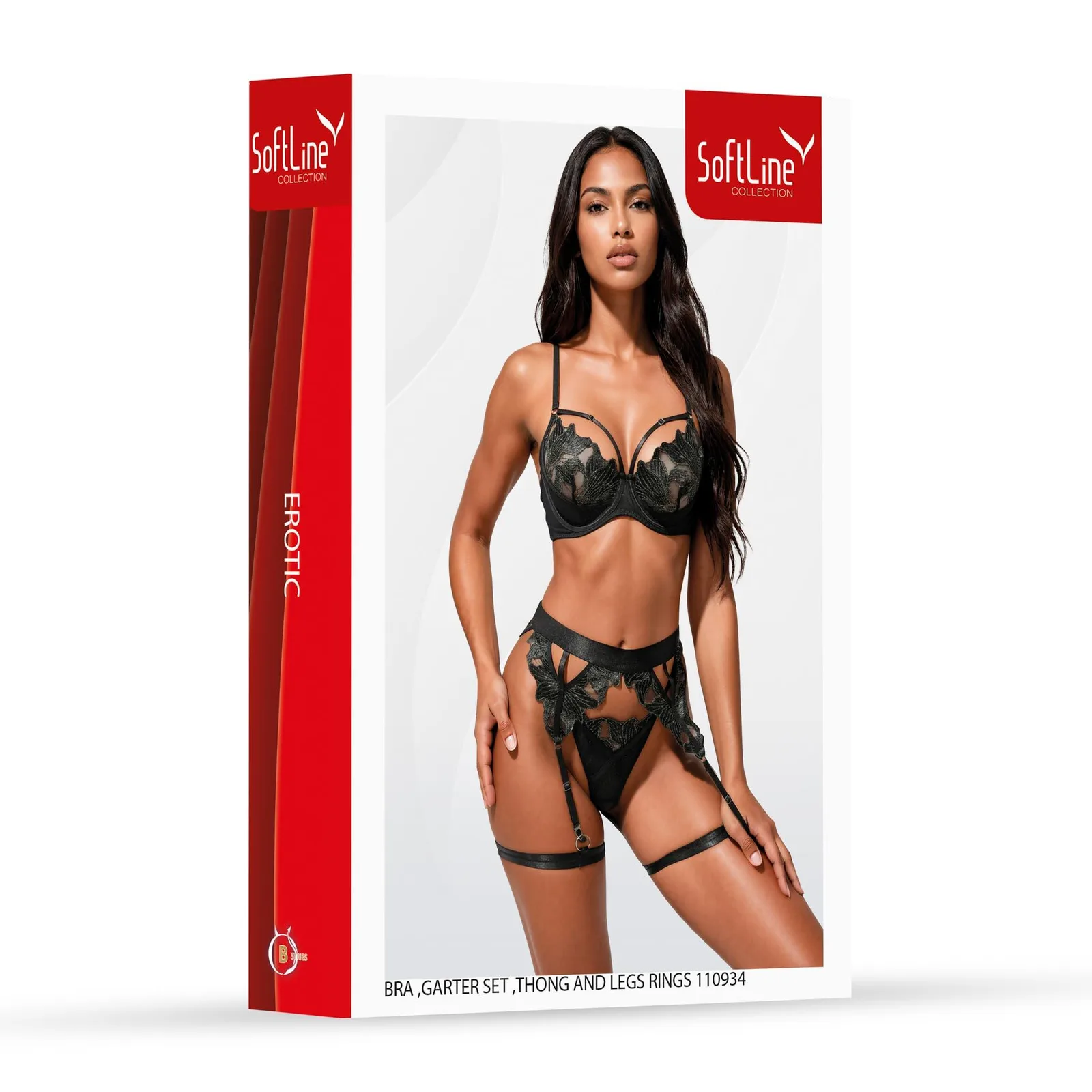 SoftLine Collection Black Lingerie Set with Garter Belt and Thigh Straps, 2XL