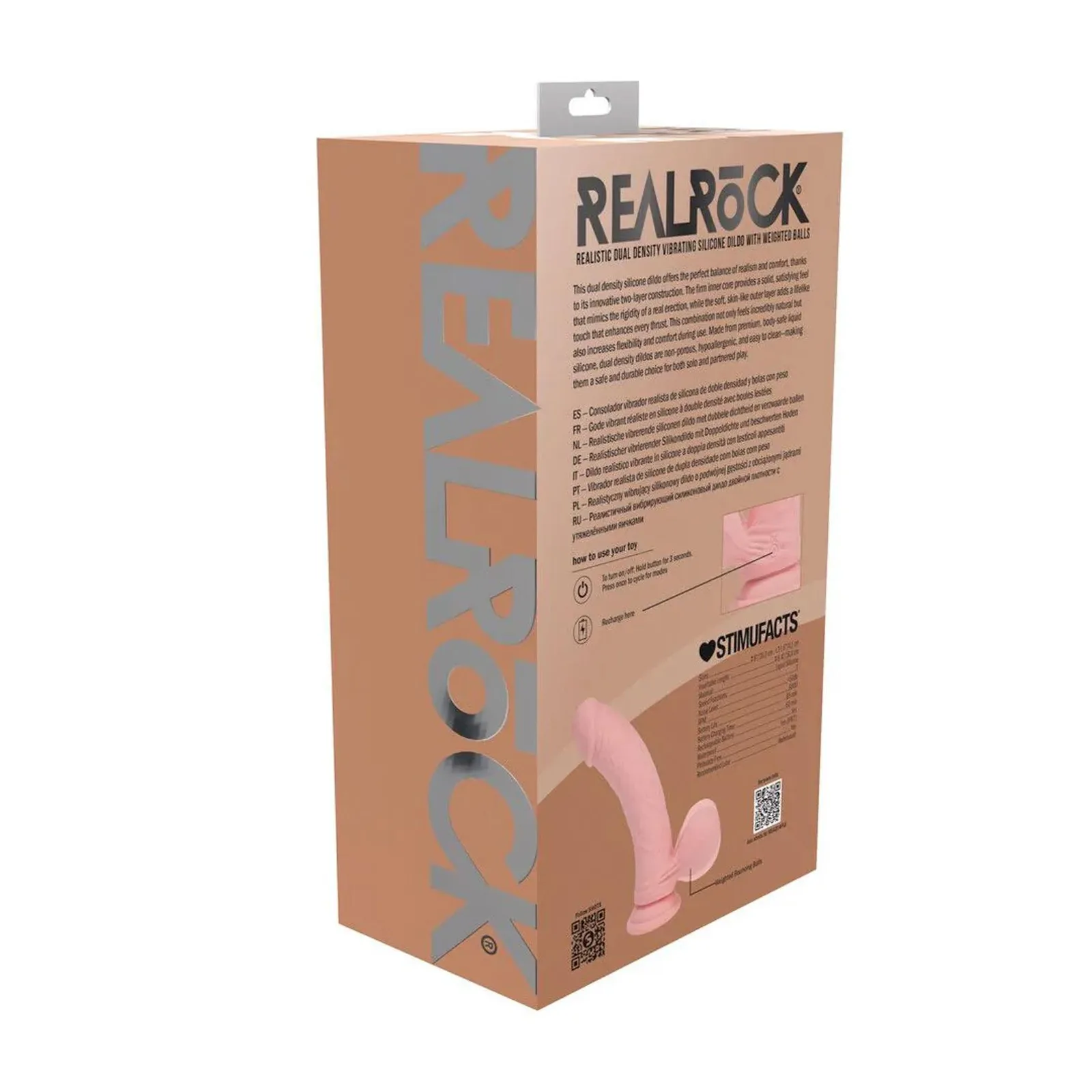 RealRock Dual Density Rechargeable Liquid Silicone Vibrator with Weighted Balls, 20 cm